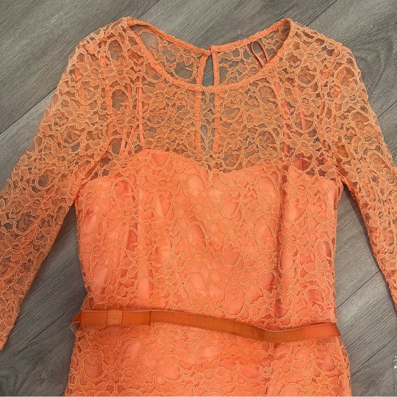Tahari Arthur S Levine Coral Tangerine Lace Layered Belted Dress Women's Size 6 - Picture 4 of 14